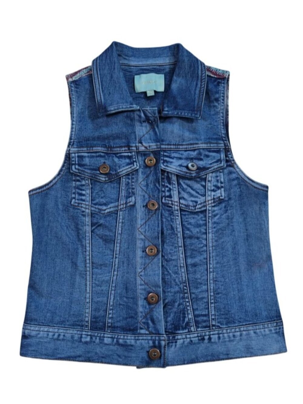 Skies Are Blue Womens Denim Vest Size XS Button Front Embroidered Back.